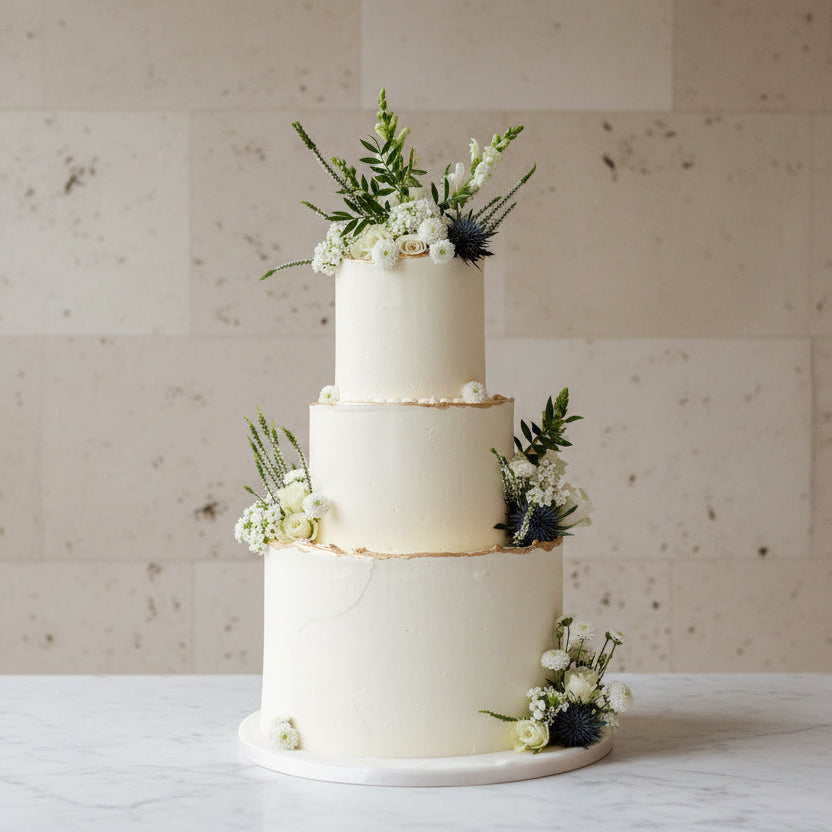 Three-tiered wedding cake decorated with flowers on a white tablecloth.