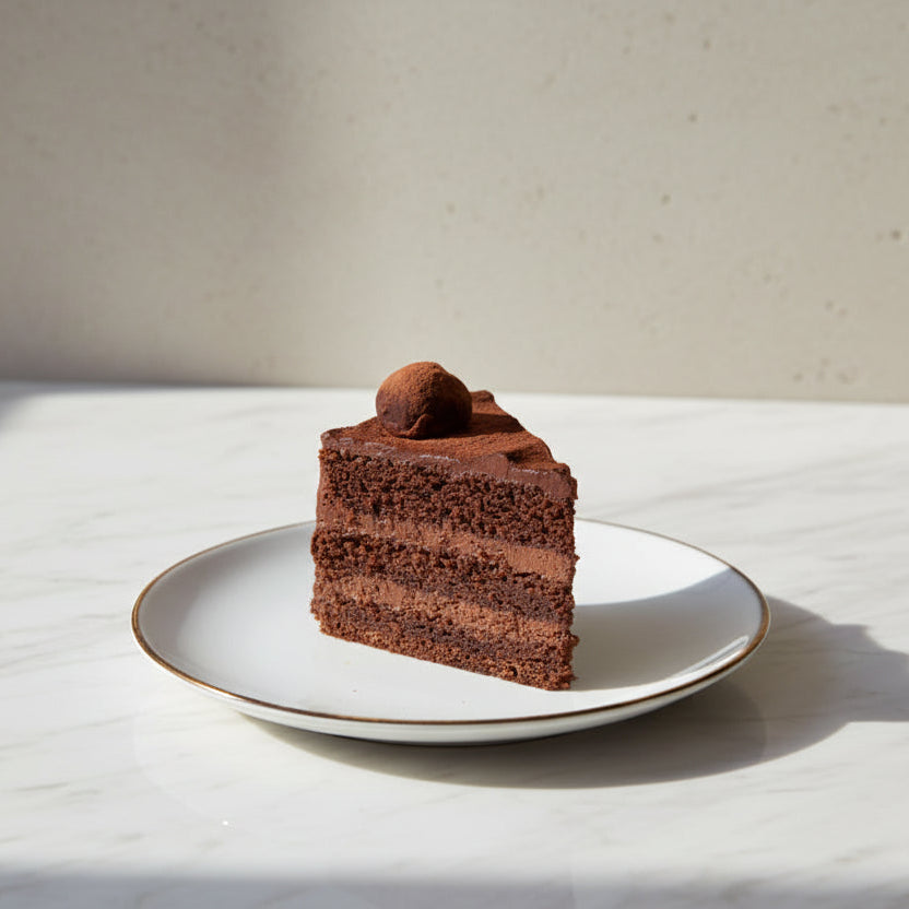 Rich chocolate fudge cake slice from Prestige Patisserie North London
