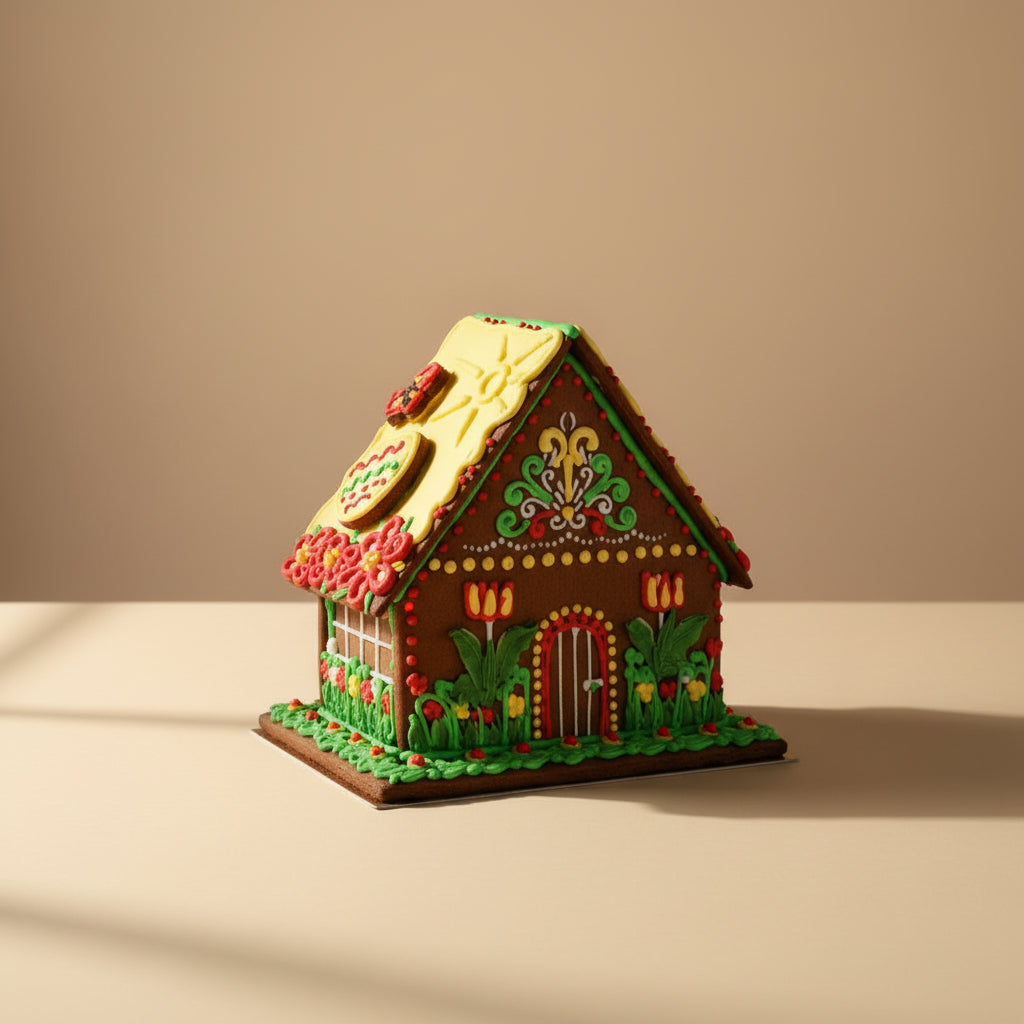 Hand-decorated Easter gingerbread house with royal icing flowers and bunny figures