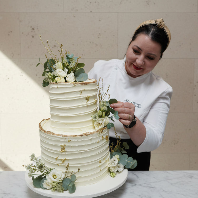 Elegant textured wedding cake in London with tiered design and fresh floral decoration