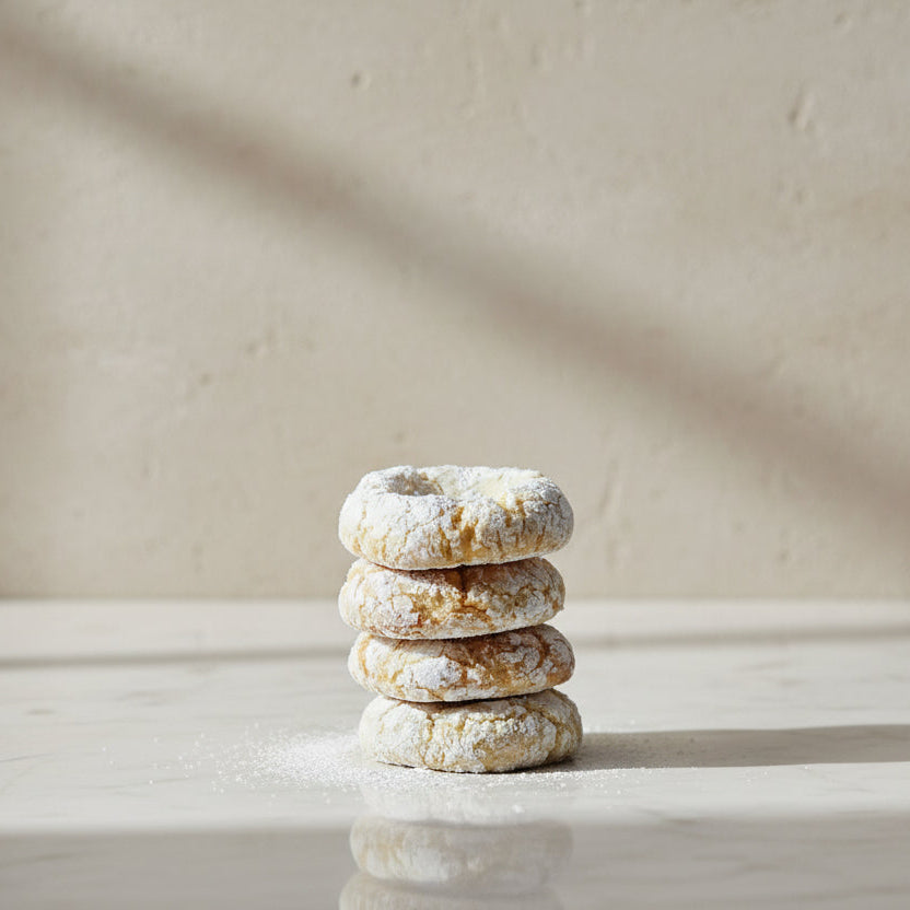 Flourless Limonetti cookies with almond, lemon zest and vanilla, soft and golden, handmade in North London artisan bakery