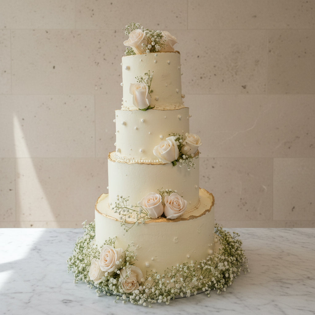 Luxury fresh flower wedding cake in North London at Prestige Patisserie with ivory buttercream and seasonal floral arrangement