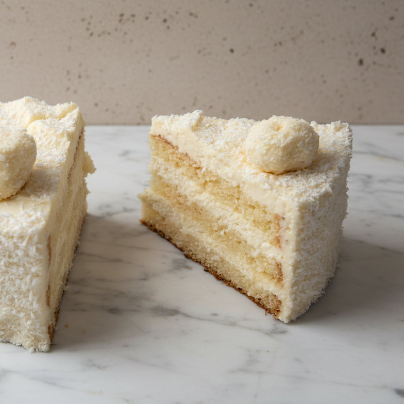 Malibu rum and coconut cake slice with light coconut cream layers