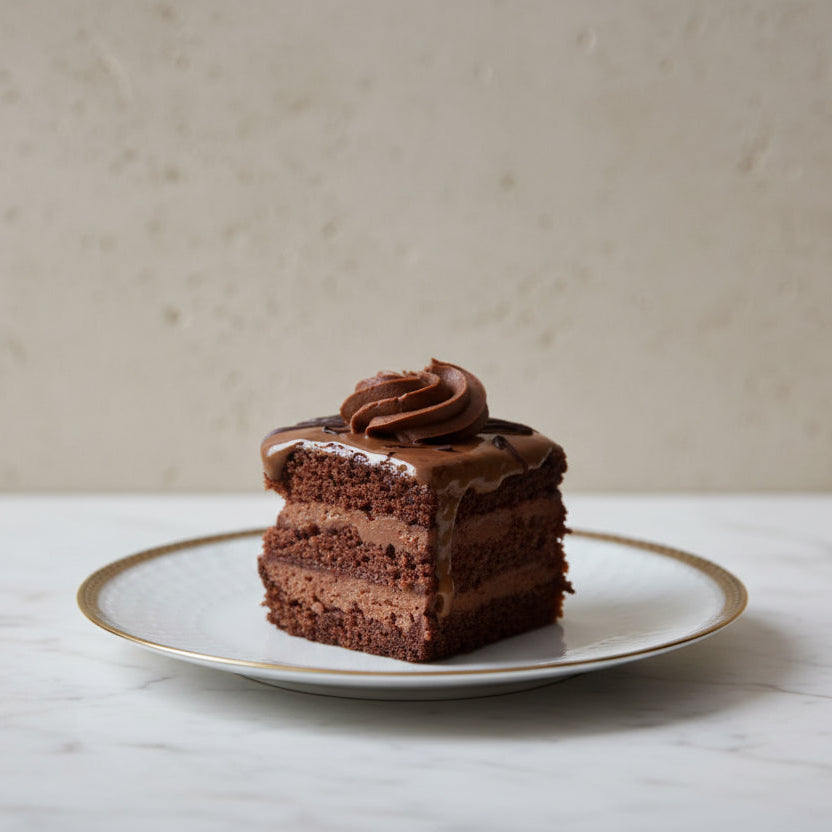Traditional Amandina cake with cocoa sponge and chocolate mousse from North London patisserie