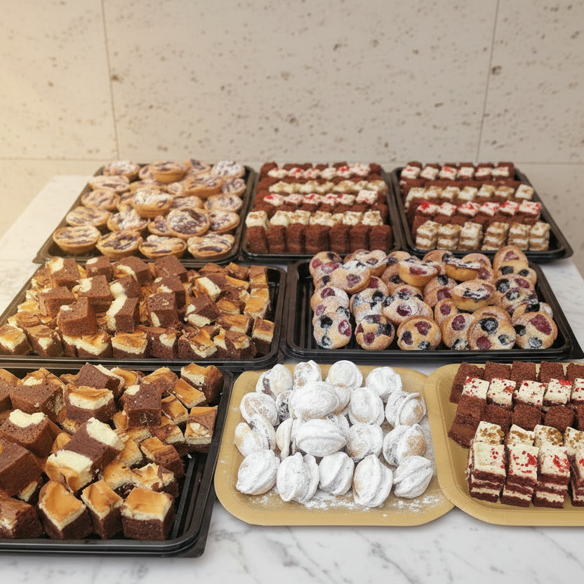 Luxury handmade canapés selection by Prestige Patisserie including mini cakes, pastries and bite-size desserts for weddings, parties and corporate catering in North London