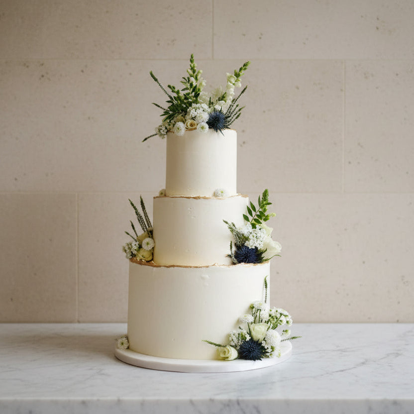 Three-tiered wedding cake decorated with flowers on a white tablecloth.