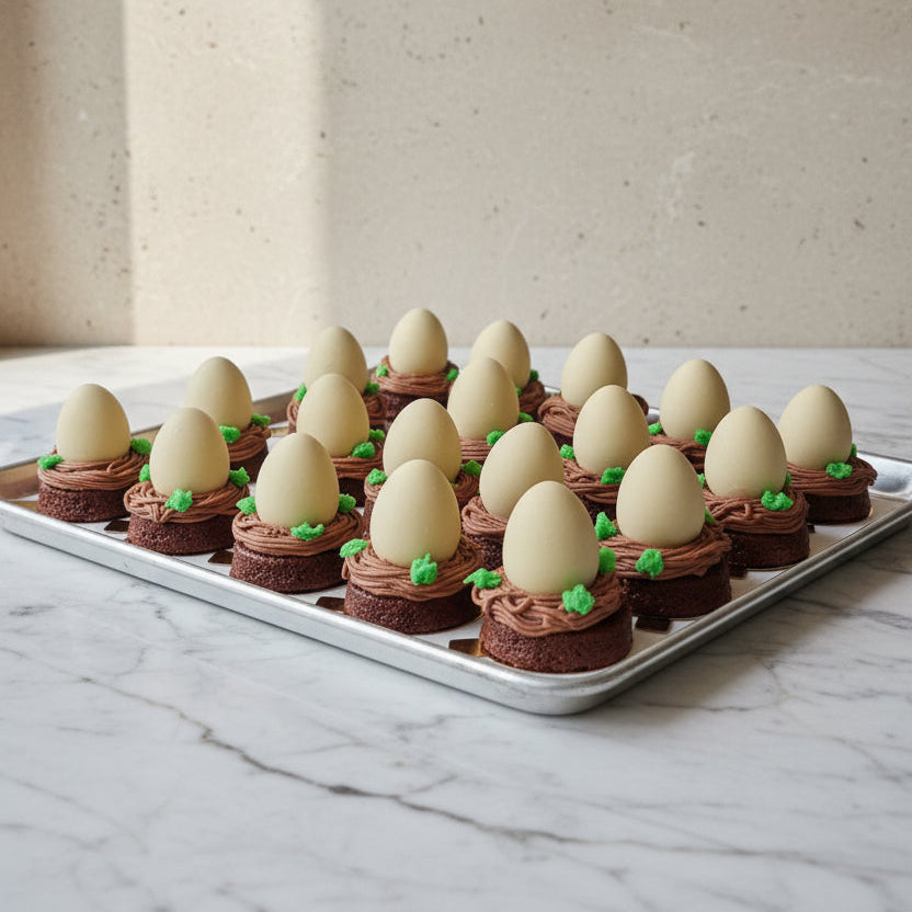 Chocolate Easter egg nest cakes with white chocolate eggs London bakery
