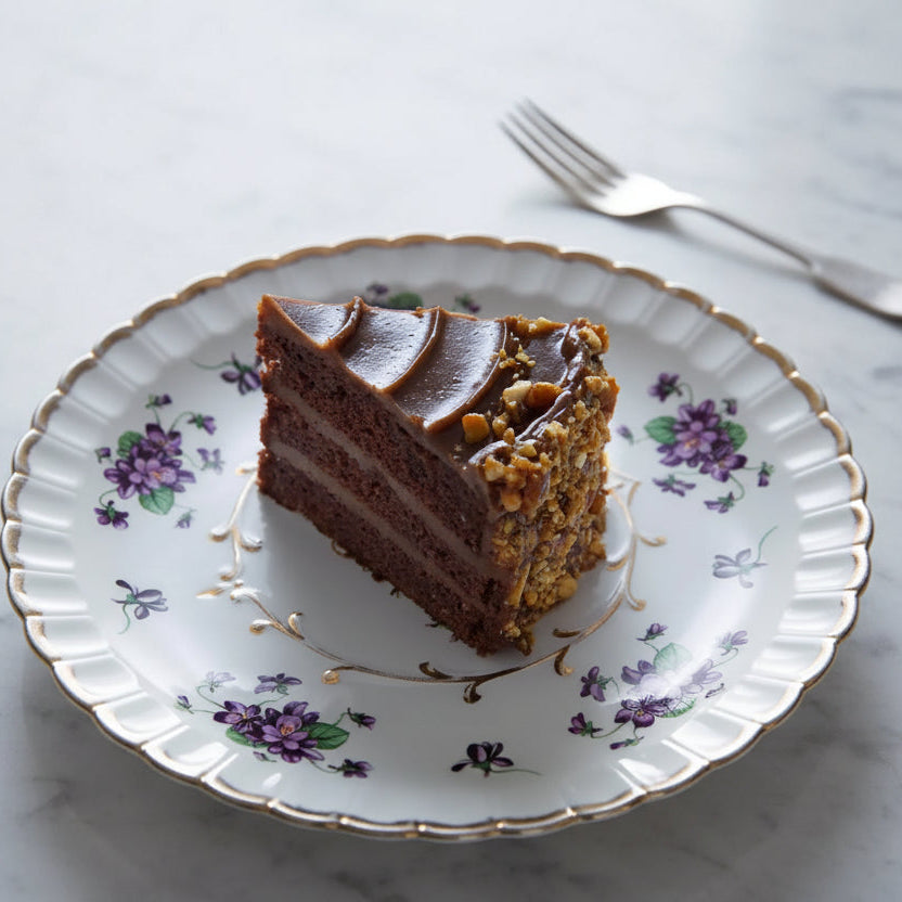 Milk chocolate and peanut cake slice with chocolate ganache and peanut brittle