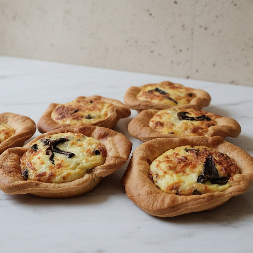 Mushroom onion cheese mini quiche vegetarian canapé handmade London bakery