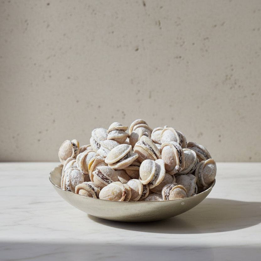 Romanian Walnut Cookies filled with chocolate, rum, honey, and crushed walnuts, dusted with icing sugar.