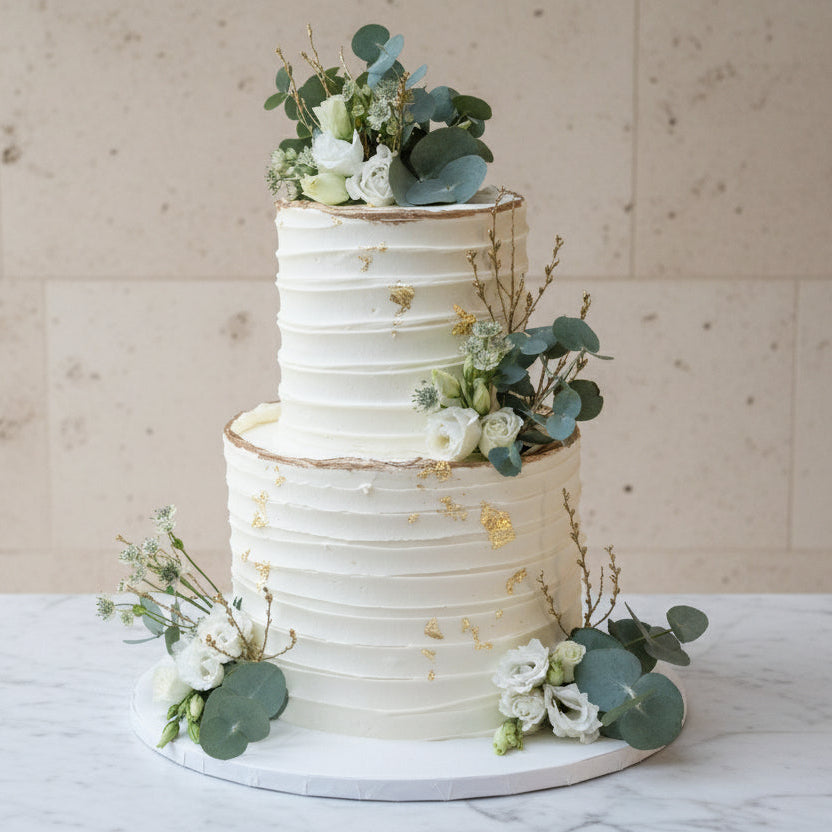 Wedding cake consultation with cake samples and Prosecco in North London bakery garden with head pastry chef Geanina