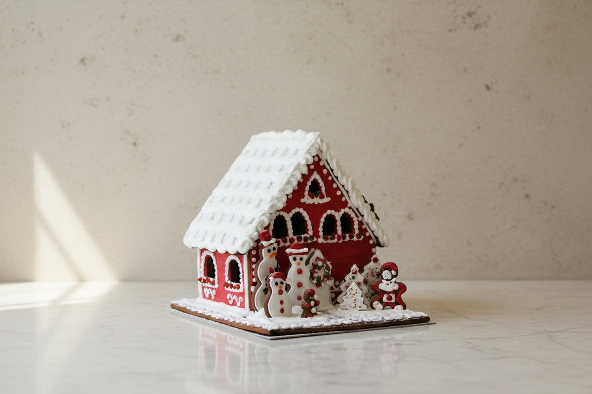 Luxury Christmas gingerbread house centrepiece wrapped in a festive bow.