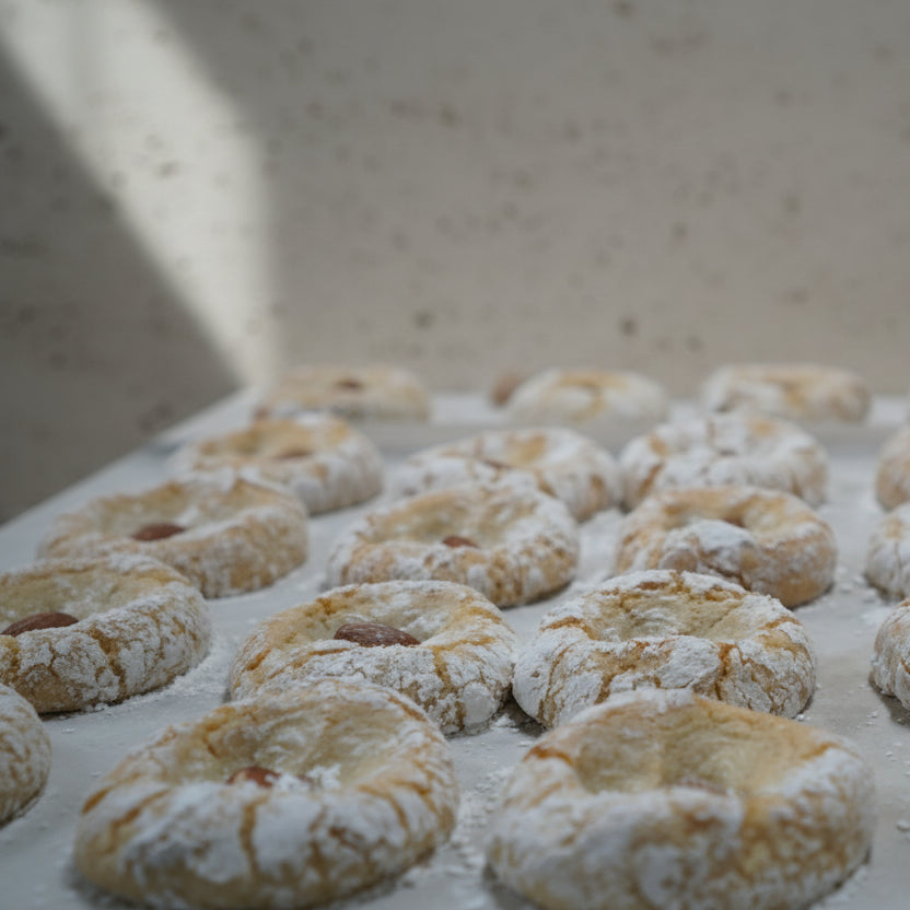 Flourless Limonetti cookies with almond, lemon zest and vanilla, soft and golden, handmade in North London artisan bakery