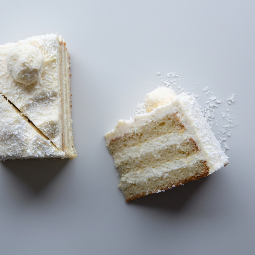 Tropical coconut cake slice from Prestige Patisserie North London