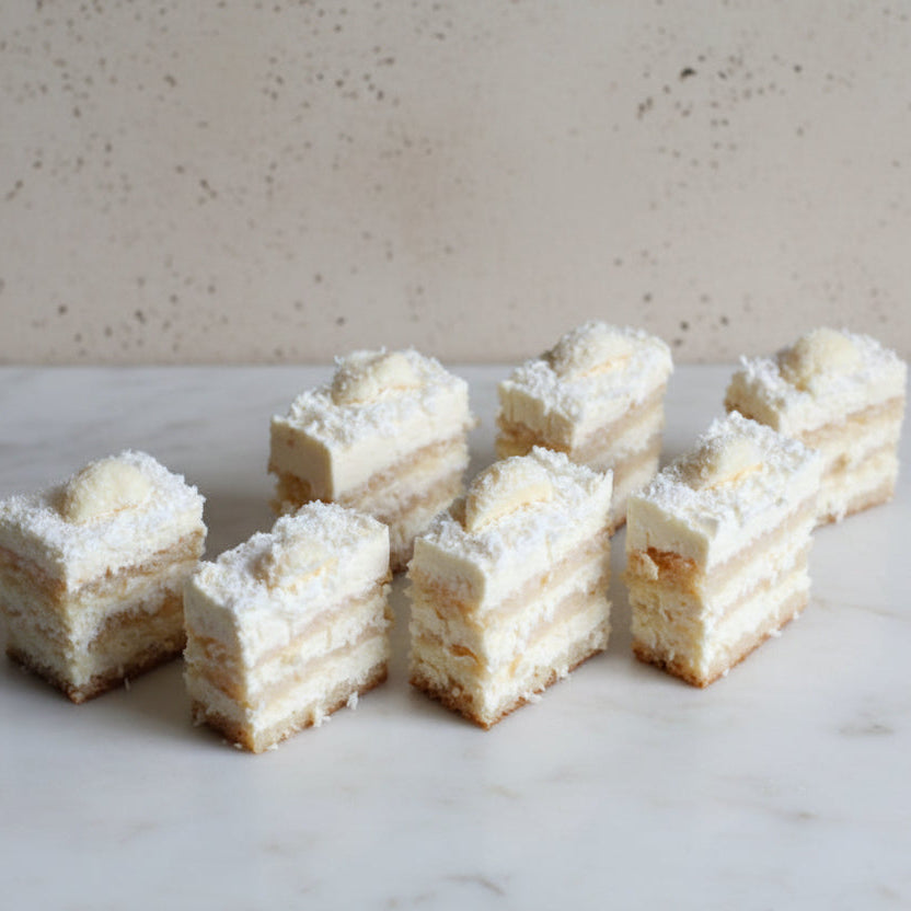 malibu rum coconut mini canapés luxury dessert catering London by Prestige Patisserie
