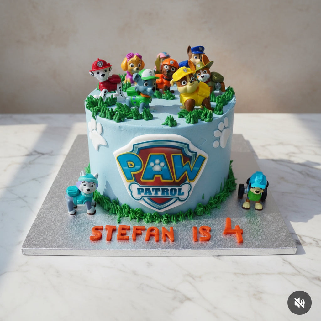 Paw Patrol birthday cake with characters and 'Stefan is 4' text on a wooden surface.