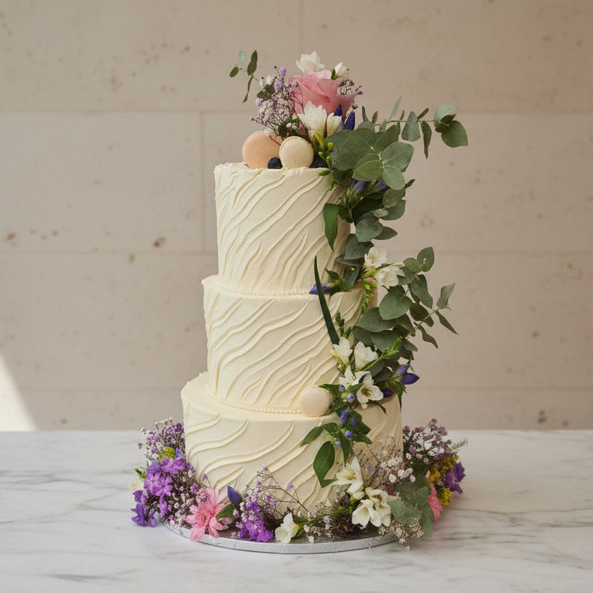 Wedding cake consultation with cake samples and Prosecco in North London bakery garden with head pastry chef Geanina