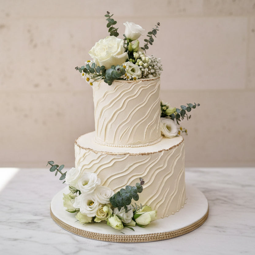 Wedding cake consultation with cake samples and Prosecco in North London bakery garden with head pastry chef Geanina