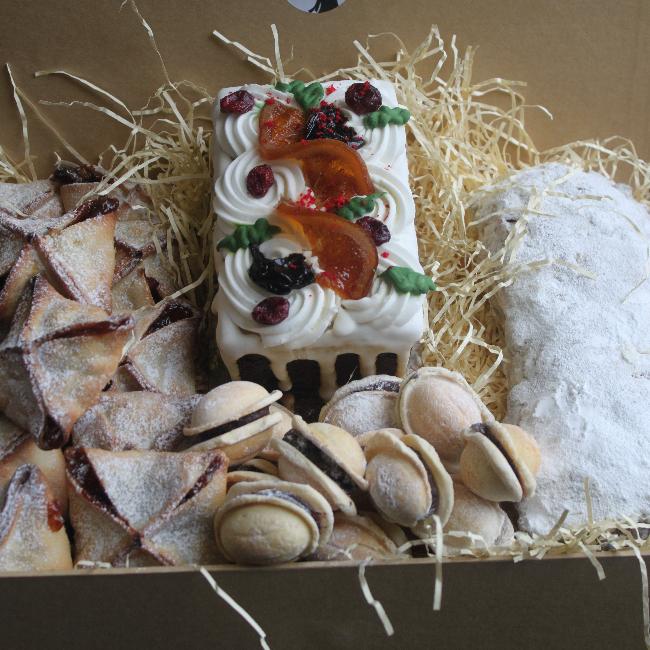 Assorted stollen, mince pies, walnut cookies, and Christmas cake in a silk ribbon gift box.