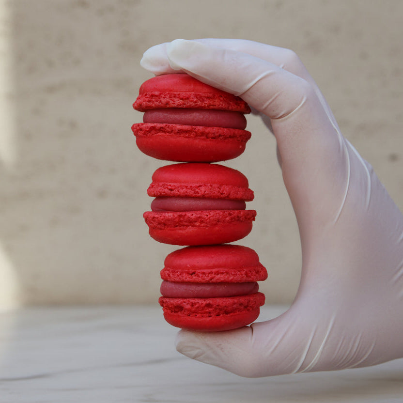 Luxury strawberry French macaron canapés handmade in North London patisserie for weddings and event catering