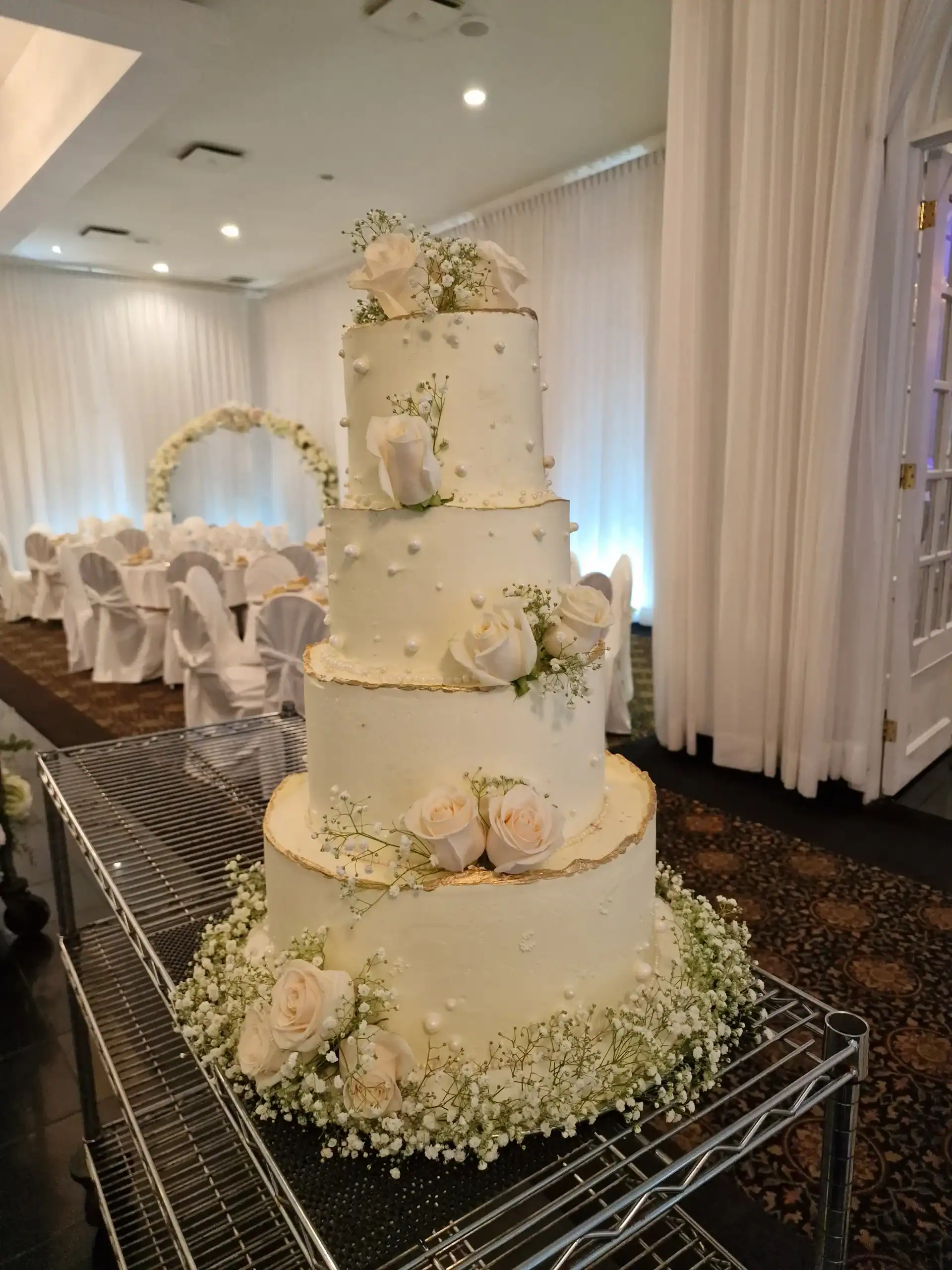 Bespoke luxury wedding cake setup at London wedding venue