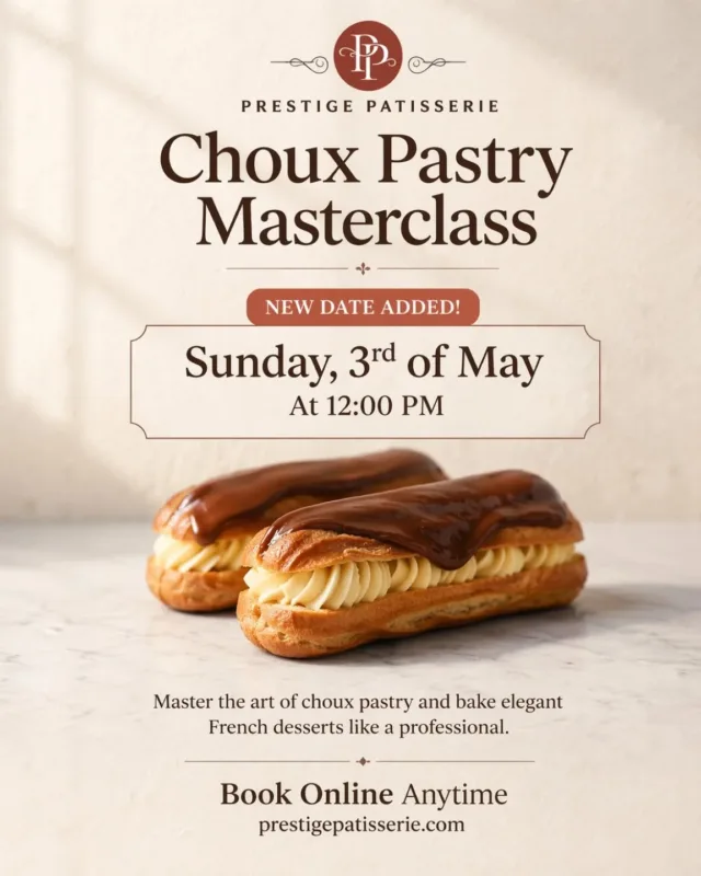 Choux Pastry Masterclass  Master the art behind perfect éclairs and choux pastry with us at Prestige Patisserie.  📅 Sunday, 3rd May
🕛 12:00 PM
⏳ Limited spaces available  A hands-on experience where precision meets indulgence.  Reserve your place online.