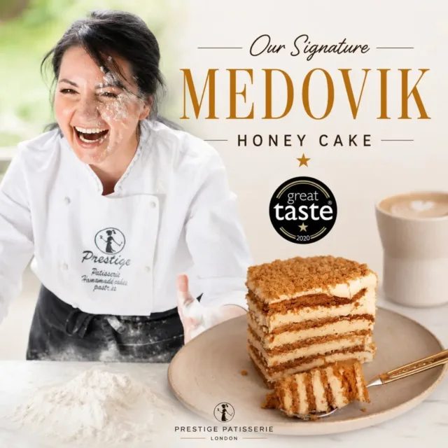 After months of planning, today we're incredibly proud to share something very special with you...  Our very first video is finally live on YouTube.  And there was only one cake we could start with...  Our Signature Medovik Honey Cake.  This isn't just another recipe. It's the cake that tells our story.  Geanina spent over six months developing and perfecting this recipe until it became exactly what she had imagined - recreating the unforgettable taste of the honey cake from her childhood, but with the refinement and precision of modern pastry.  Since 2020, Medovik has been our best-selling cake, becoming the dessert that so many of our customers return for again and again. It was awarded a Great Taste Award in 2020, and today, around 90% of the wedding cakes we create are Medovik.  It's also the very same recipe we proudly teach in our Prestige Patisserie Masterclasses, where we've shared it with passionate students from around the world.  For us, this cake means so much more than flour, honey and cream.  It represents years of learning, countless hours of testing, family memories, and the journey that helped shape Geanina into the pastry chef she is today.  Today, we're honoured to finally open the doors to our kitchen and share this journey with you.  Whether you're an experienced baker or simply someone who loves beautiful desserts, we hope you'll enjoy making this cake as much as we've enjoyed sharing it.  For the full video on our YouTube channel link in bio.  For full Medovik - Honey Cake receipe link on bio.  Thank you for believing in Prestige Patisserie and for being part of our journey. ❤️  What recipe would you love to see next? 🍰