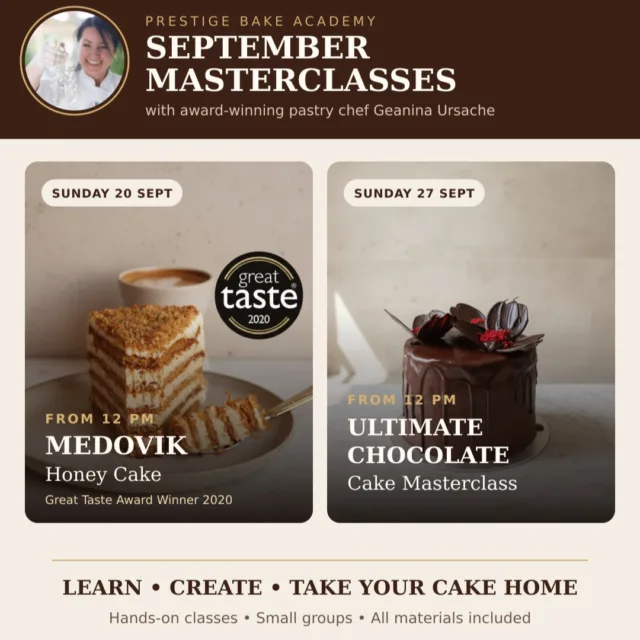 SEPTEMBER MASTERCLASSES ARE NOW OPEN  Join award-winning pastry chef Geanina Ursache for two hands-on masterclasses at Prestige Bake Academy in North London.  MEDOVIK HONEY CAKE MASTERCLASS
Sunday, 20 September
From 12pm  Learn how to create our award-winning Medovik, with delicate honey layers and a beautifully rich, creamy filling.  ULTIMATE CHOCOLATE CAKE MASTERCLASS
Sunday, 27 September
From 12pm  Discover how to prepare, assemble and decorate a truly indulgent chocolate celebration cake.  Small, friendly groups
Hands-on learning
All ingredients and materials included
Take your finished cake home  Places are limited, so early booking is recommended.  Prestige Patisserie, Tottenham, North London
Book through our website using the link in our bio.  #PrestigeBakeAcademy #BakingMasterclass #CakeMasterclass #LondonBakingClass #Medovik #HoneyCake #ChocolateCake #LearnToBake #BakingClassesLondon #PastryClass #NorthLondon #Tottenham #PrestigePatisserie